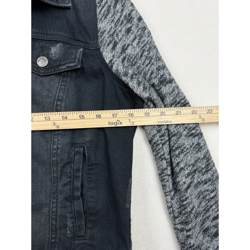 Free People Women's Black Distressed Jean Jacket Sweatshirt Sleeves No Hood Sz M - Picture 8 of 12